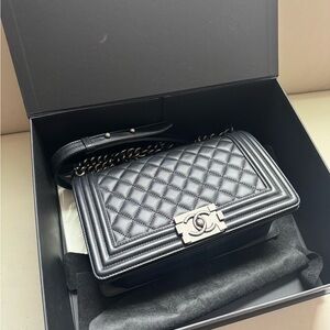 CHANEL Black Quilted Leather Boy Shoulder Bag with Silver-Tone CC Lock
